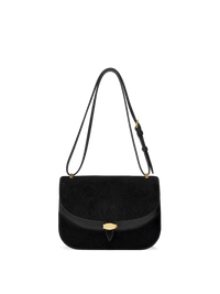 Veronica Beard Black suede shoulder bag with gold hardware.