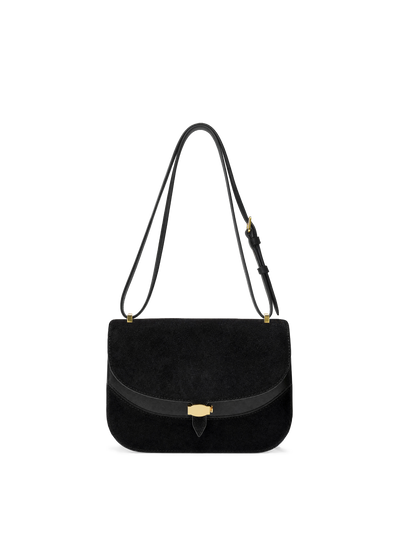 Veronica Beard Black suede shoulder bag with gold hardware.