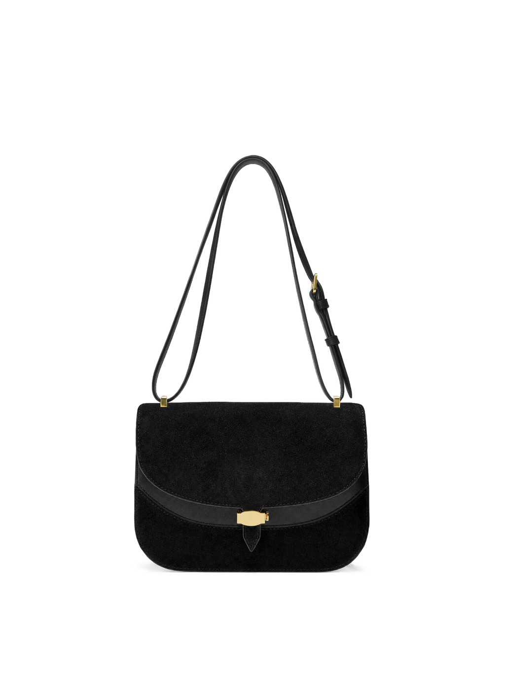 Veronica Beard Black suede shoulder bag with gold hardware.