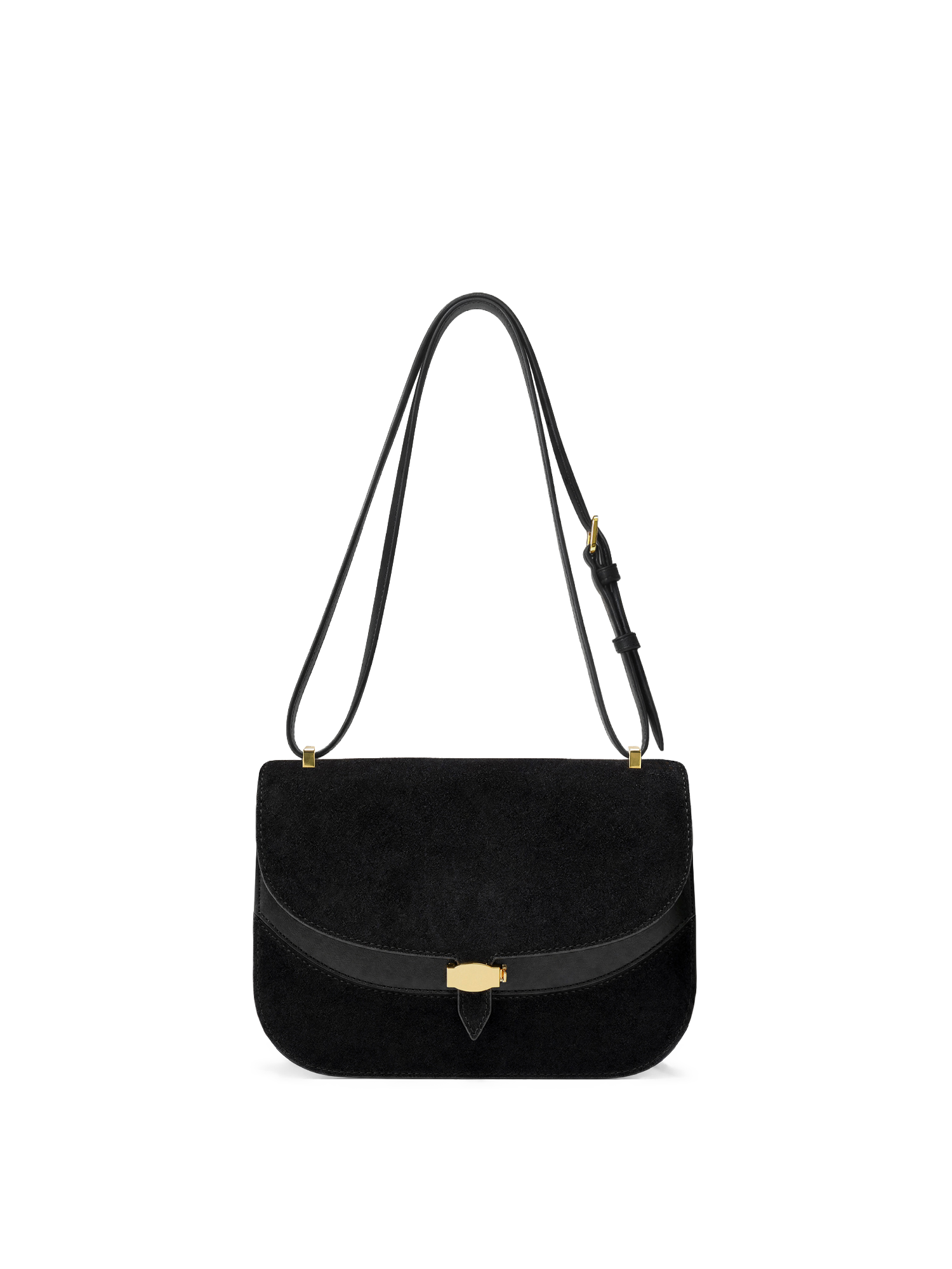 Veronica Beard Black suede shoulder bag with gold hardware.