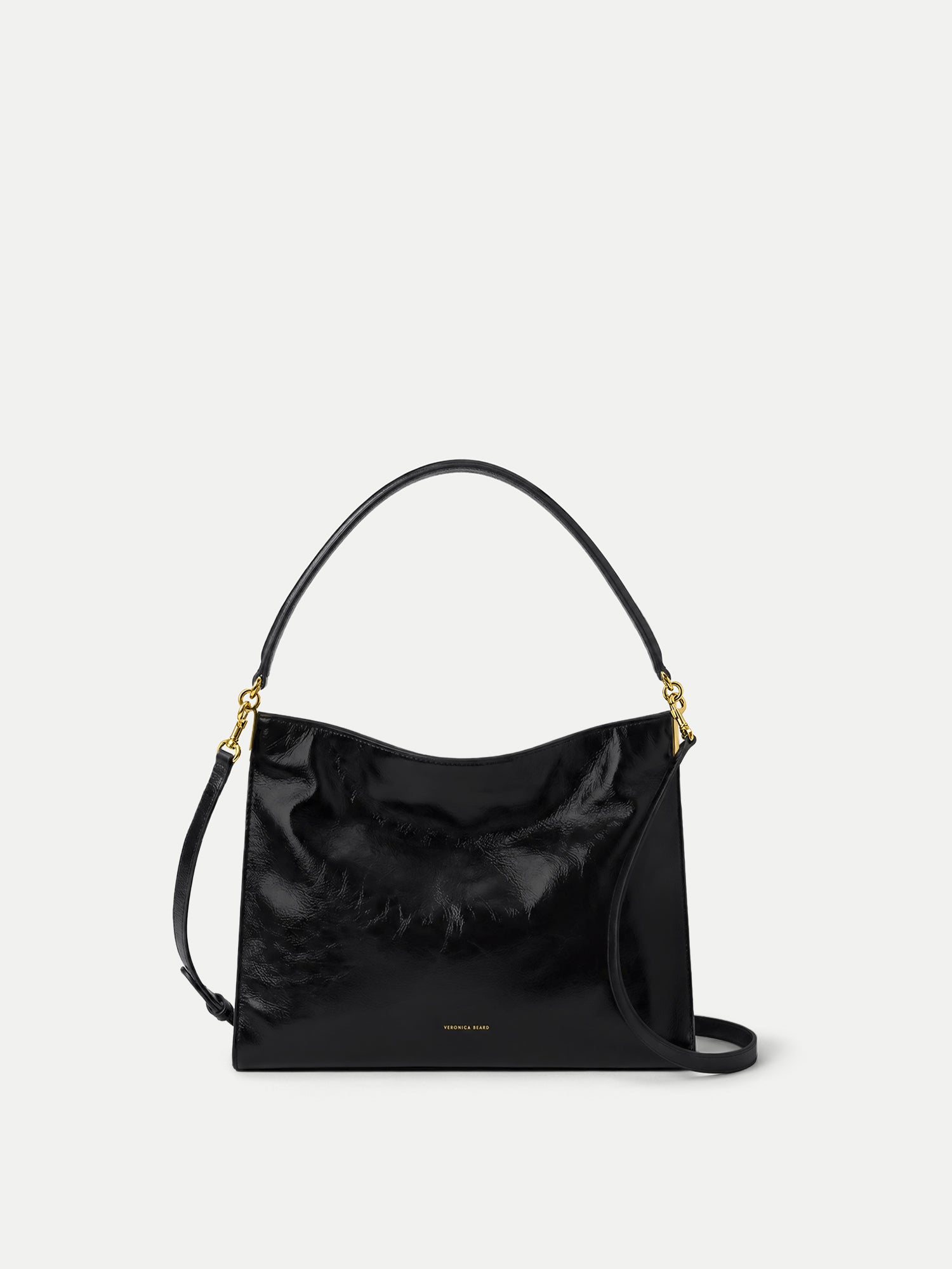 Veronica Beard Black patent leather shoulder bag with gold hardware.