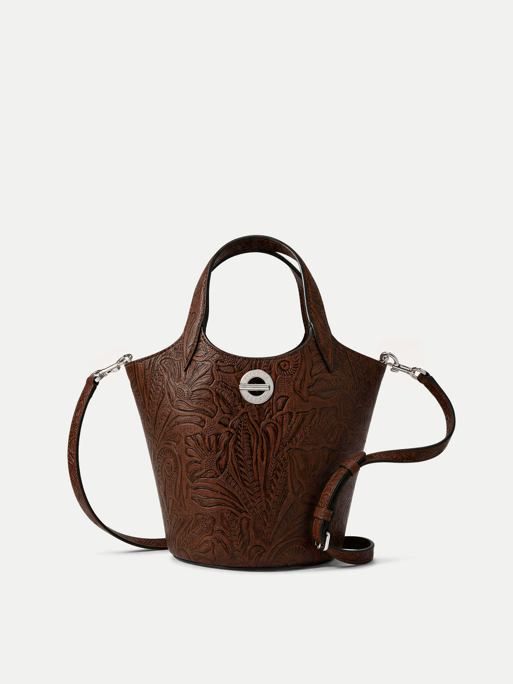 Veronica Beard Brown embossed leather bucket bag with silver hardware.