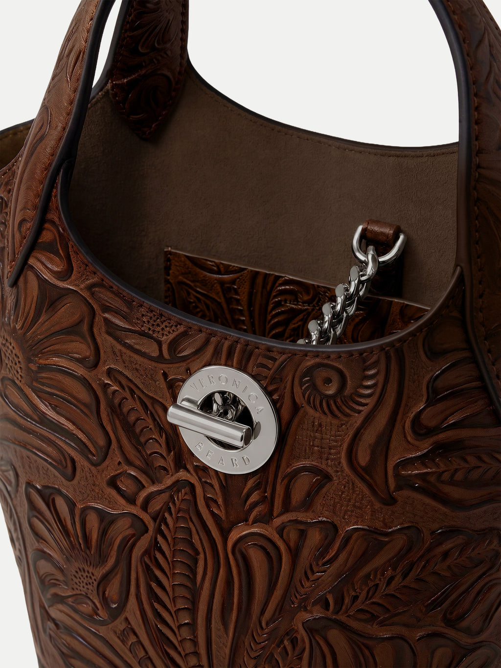 Veronica Beard Brown embossed leather handbag with silver-tone hardware.