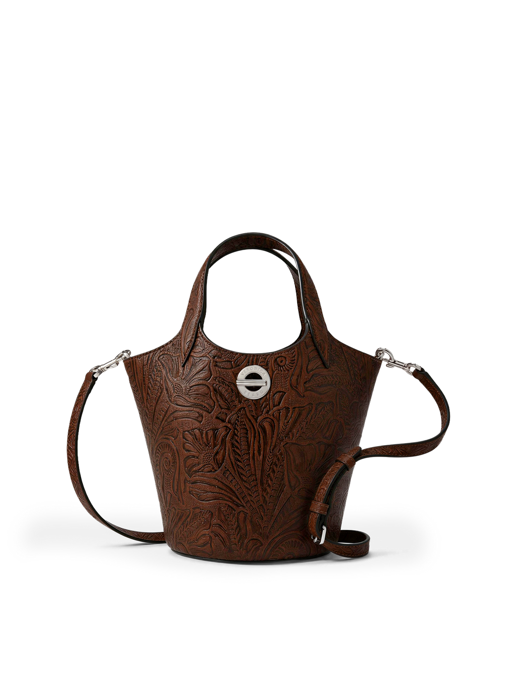 Veronica Beard Brown embossed leather bucket bag with silver hardware.