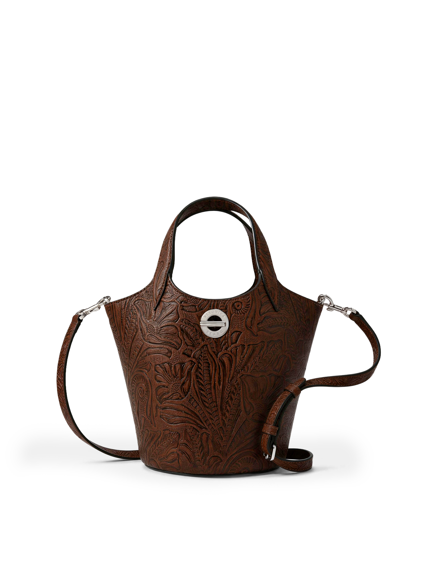 Veronica Beard Brown embossed leather bucket bag with silver hardware.