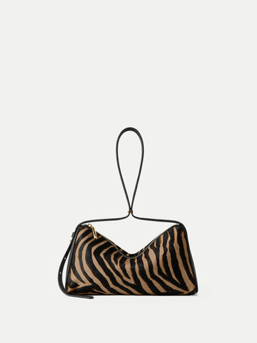 Veronica Beard Zebra print calf hair shoulder bag with black leather trim.