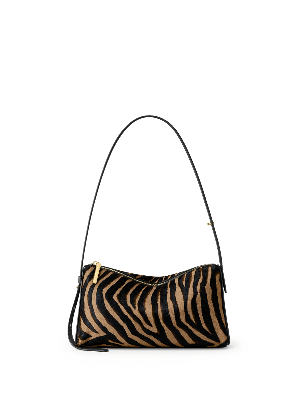 Veronica Beard Zebra print calf hair shoulder bag with gold zipper.