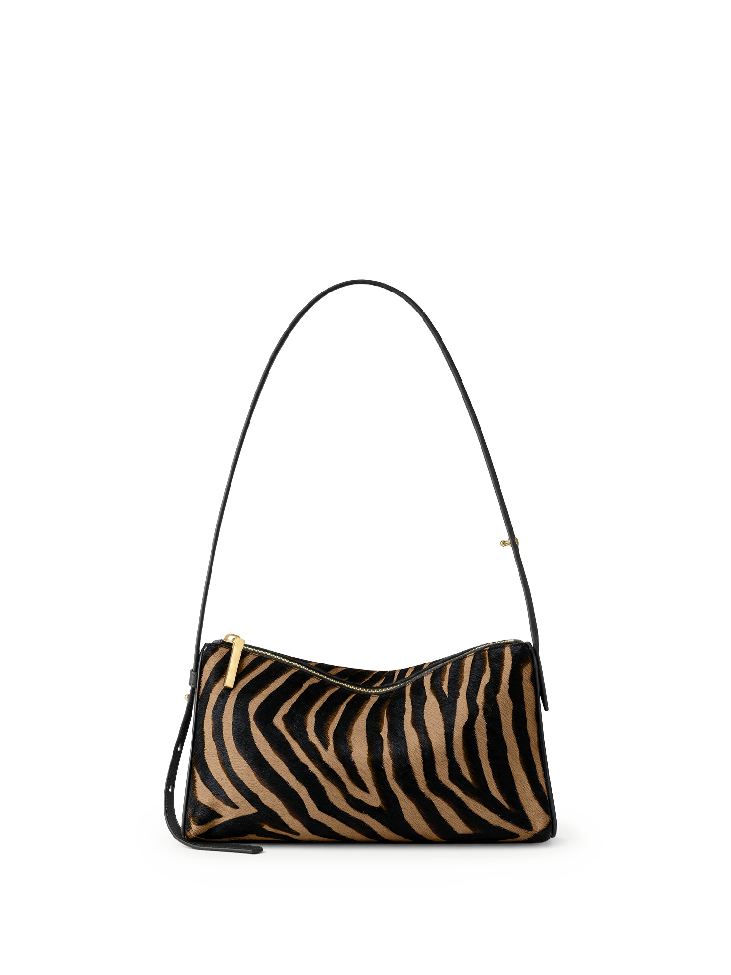 Veronica Beard Zebra print calf hair shoulder bag with gold zipper.