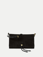 Veronica Beard Black suede crossbody bag with gold hardware.