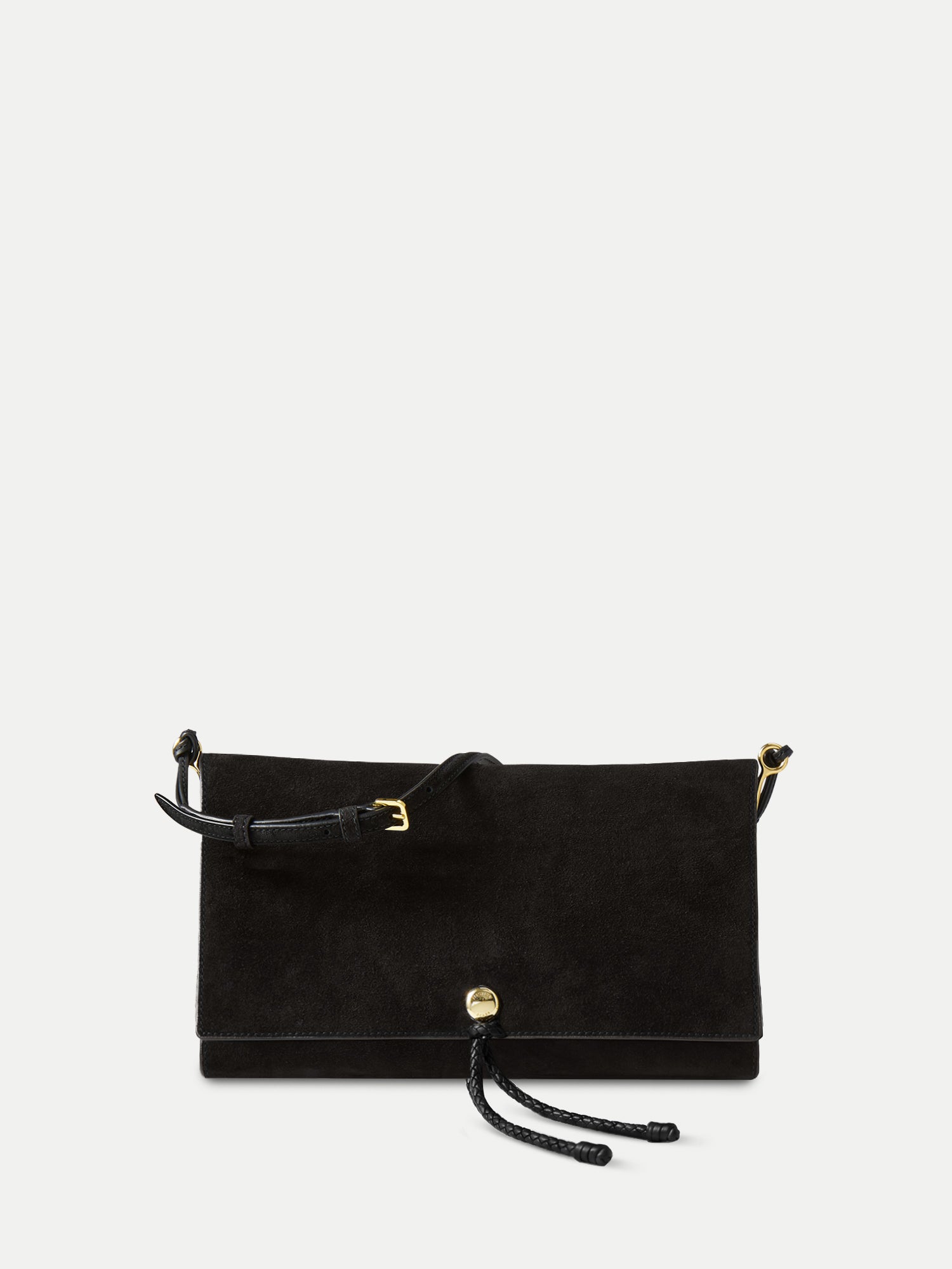 Veronica Beard Black suede crossbody bag with gold hardware.