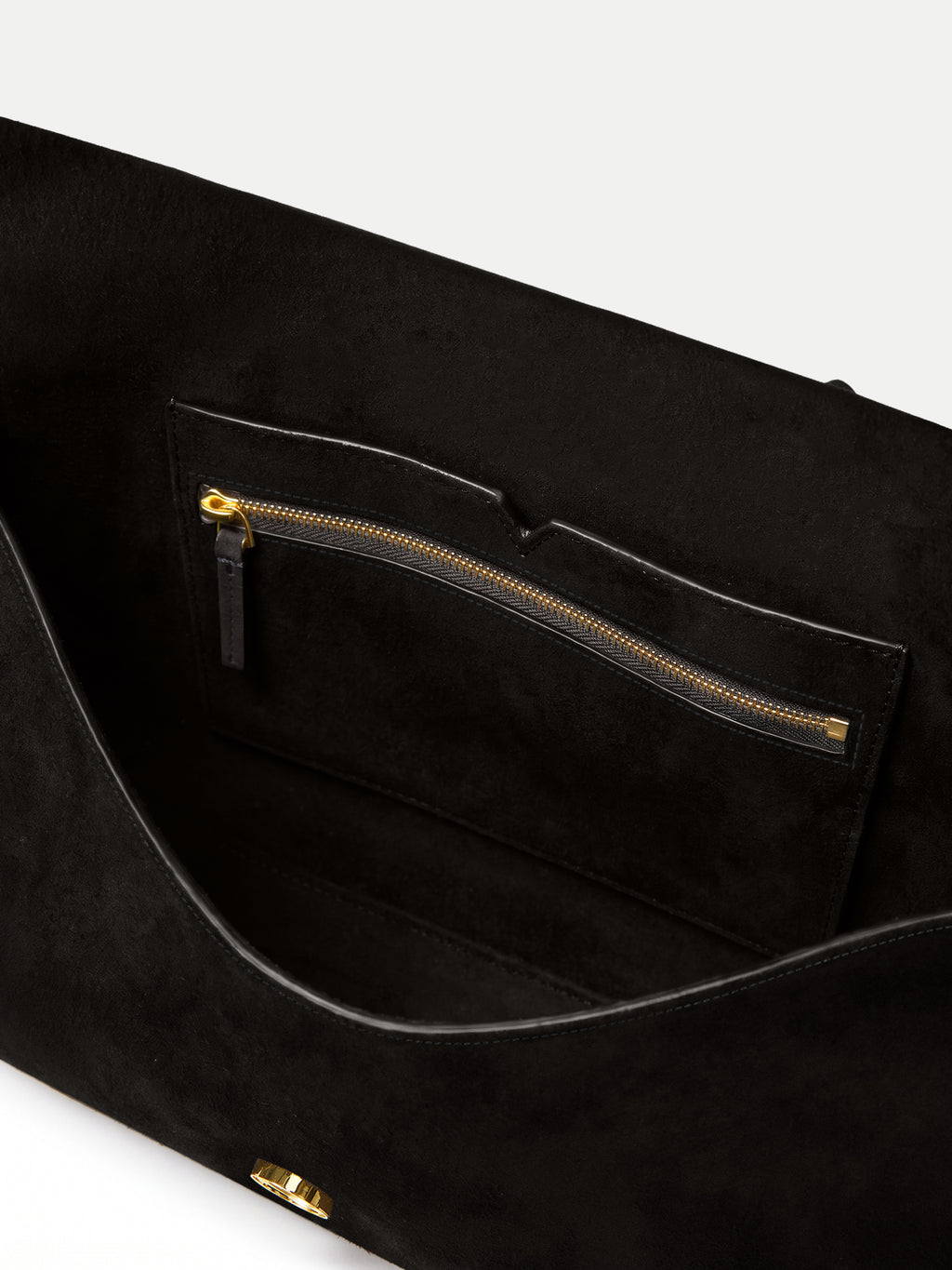 Veronica Beard Black suede handbag interior with zippered pocket.