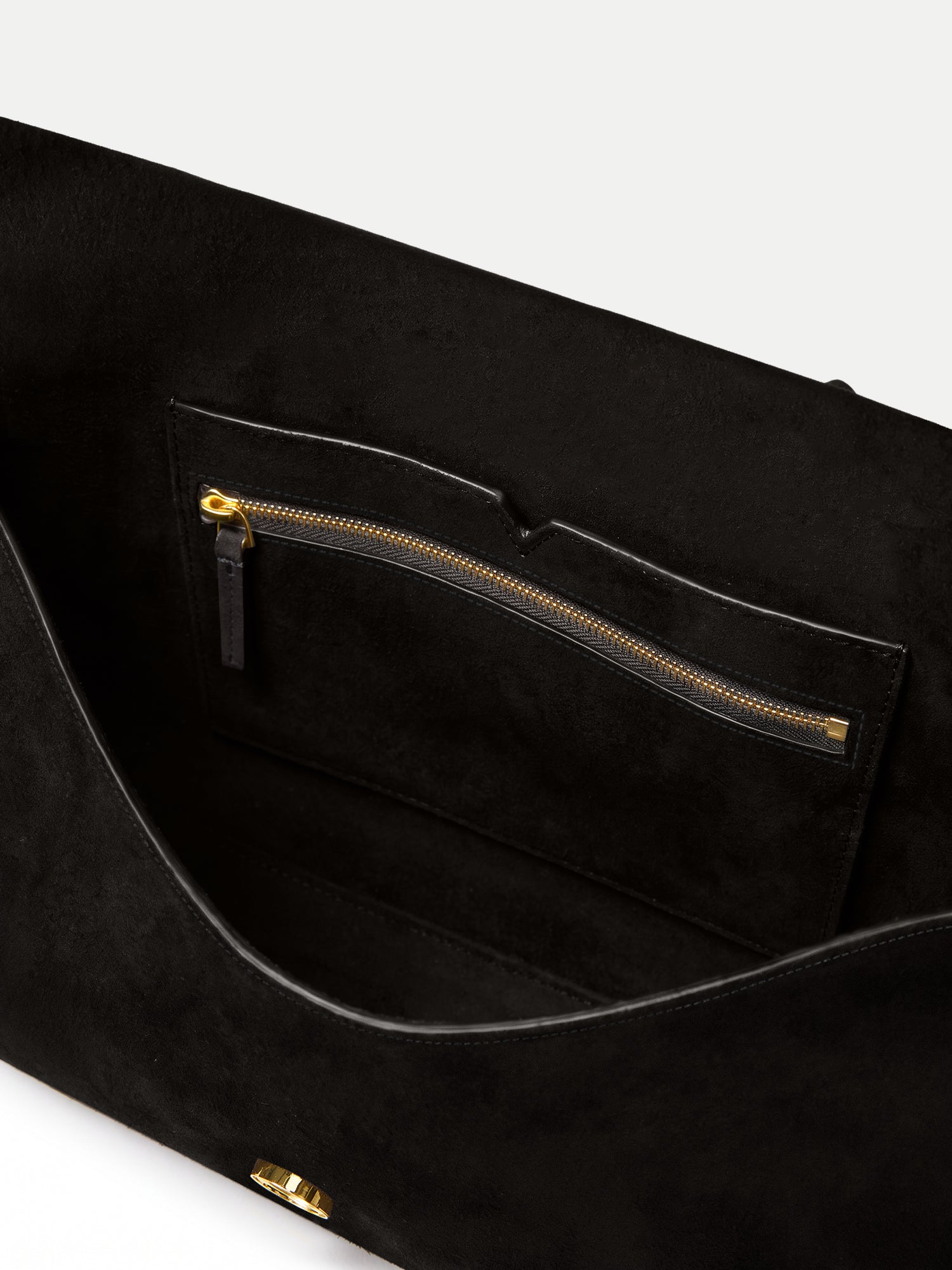 Veronica Beard Black suede handbag interior with zippered pocket.