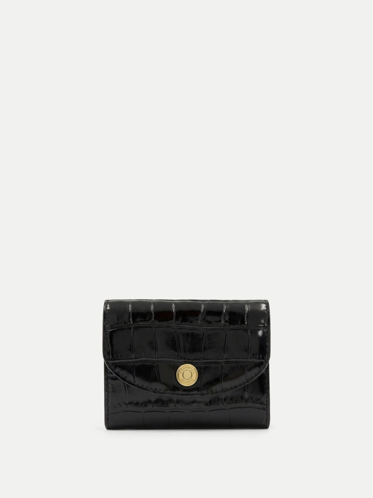 Veronica Beard Black crocodile embossed leather wallet with gold snap closure.