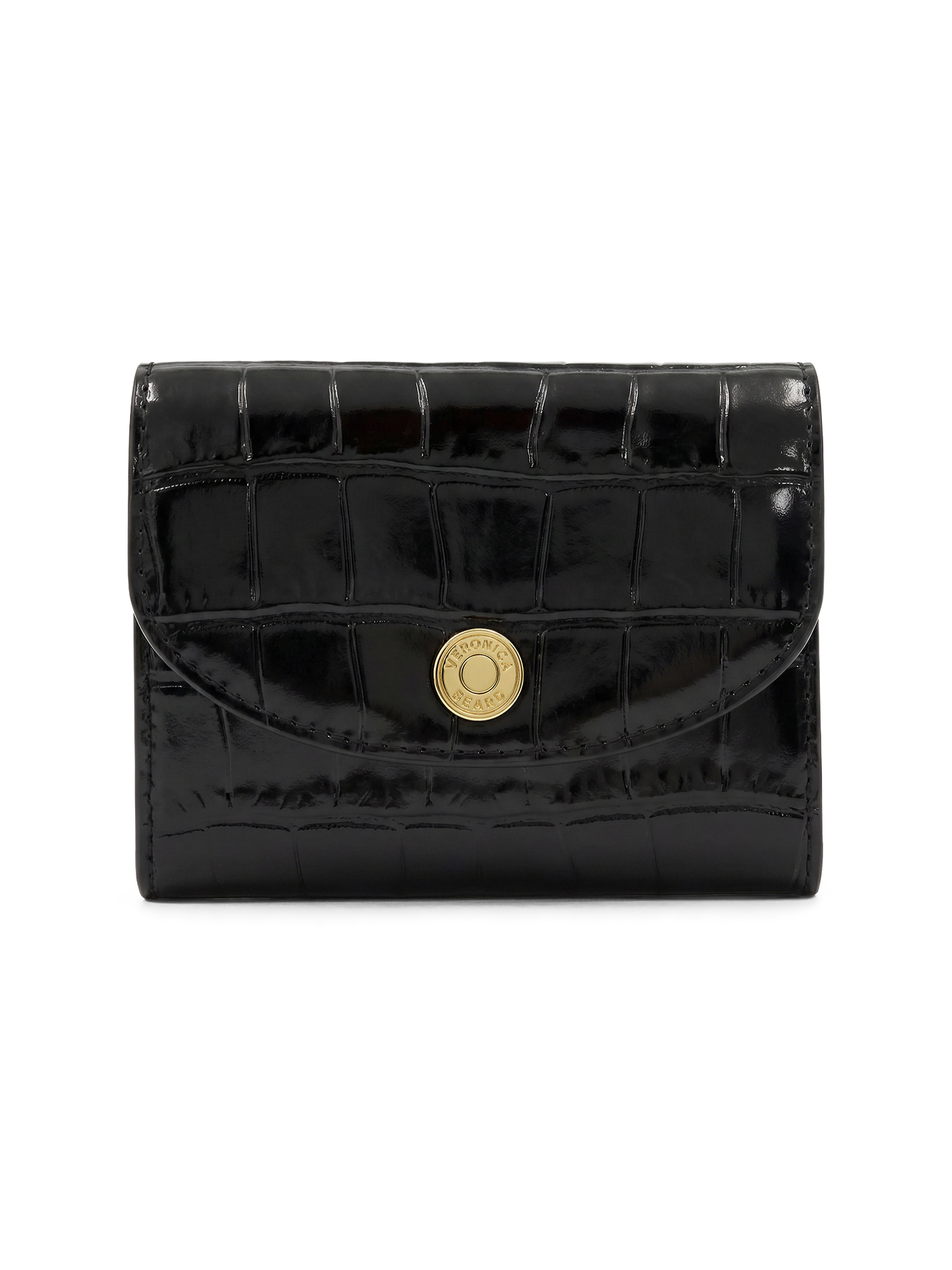 Veronica Beard Black crocodile-embossed leather wallet with gold button closure.
