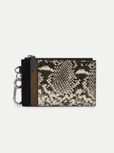 Veronica Beard Snakeskin print wallet with black and brown panels and silver chain.