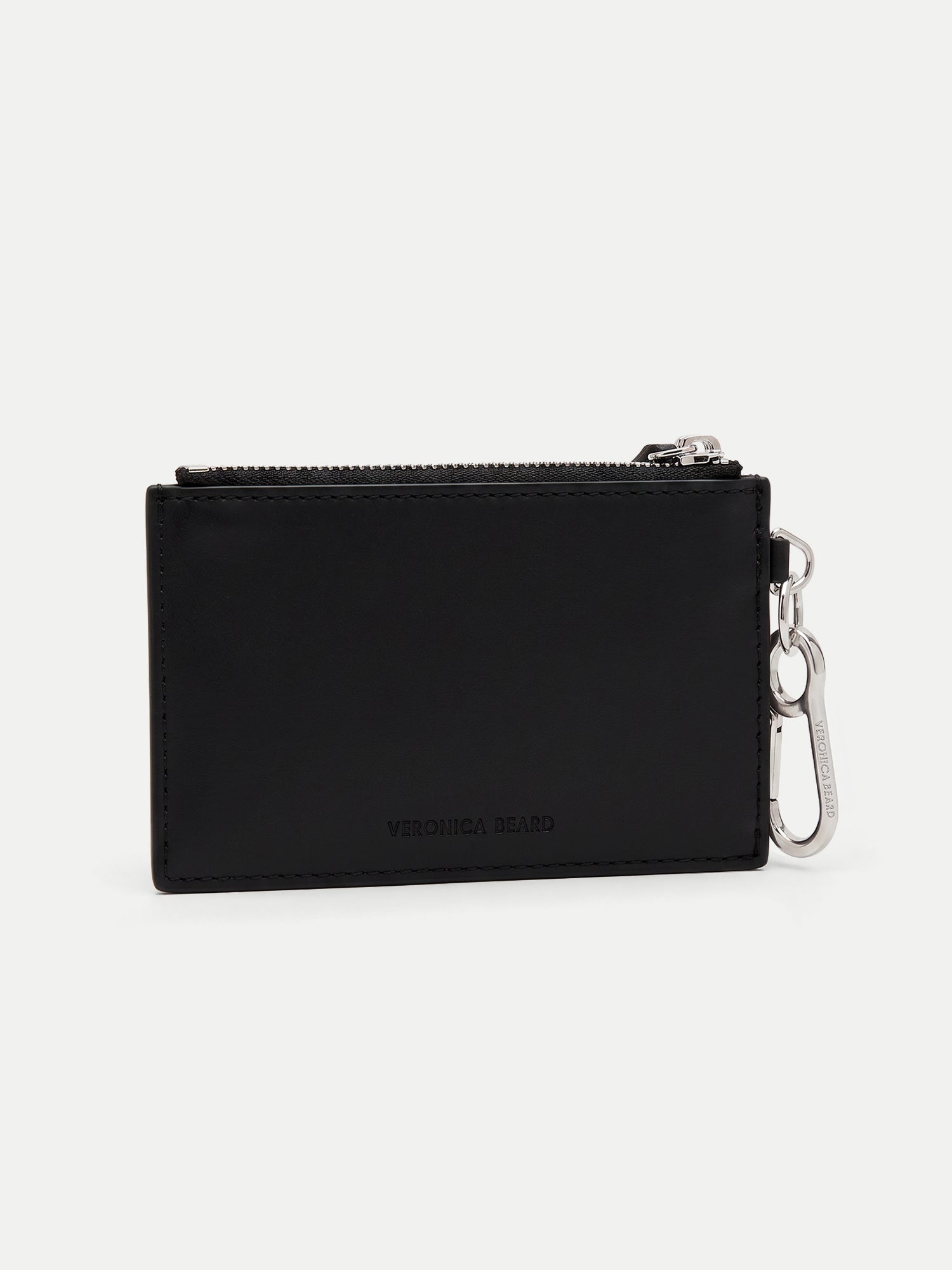 Veronica Beard Black leather card case with silver zipper and carabiner.