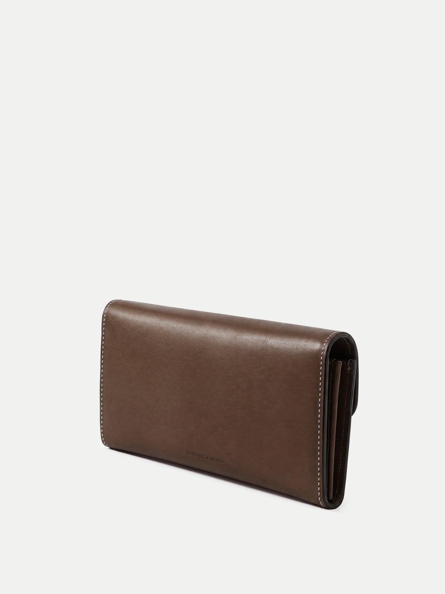 Veronica Beard Brown leather wallet with white stitching.