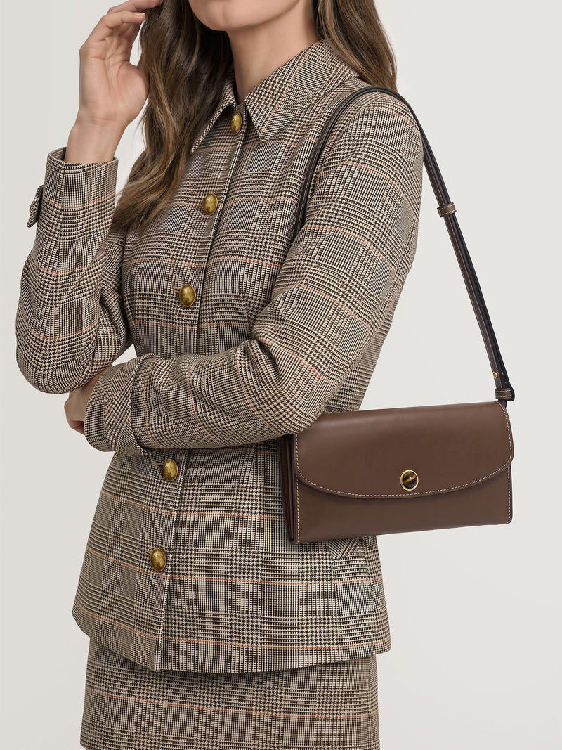 Veronica Beard Brown leather shoulder bag with gold clasp.