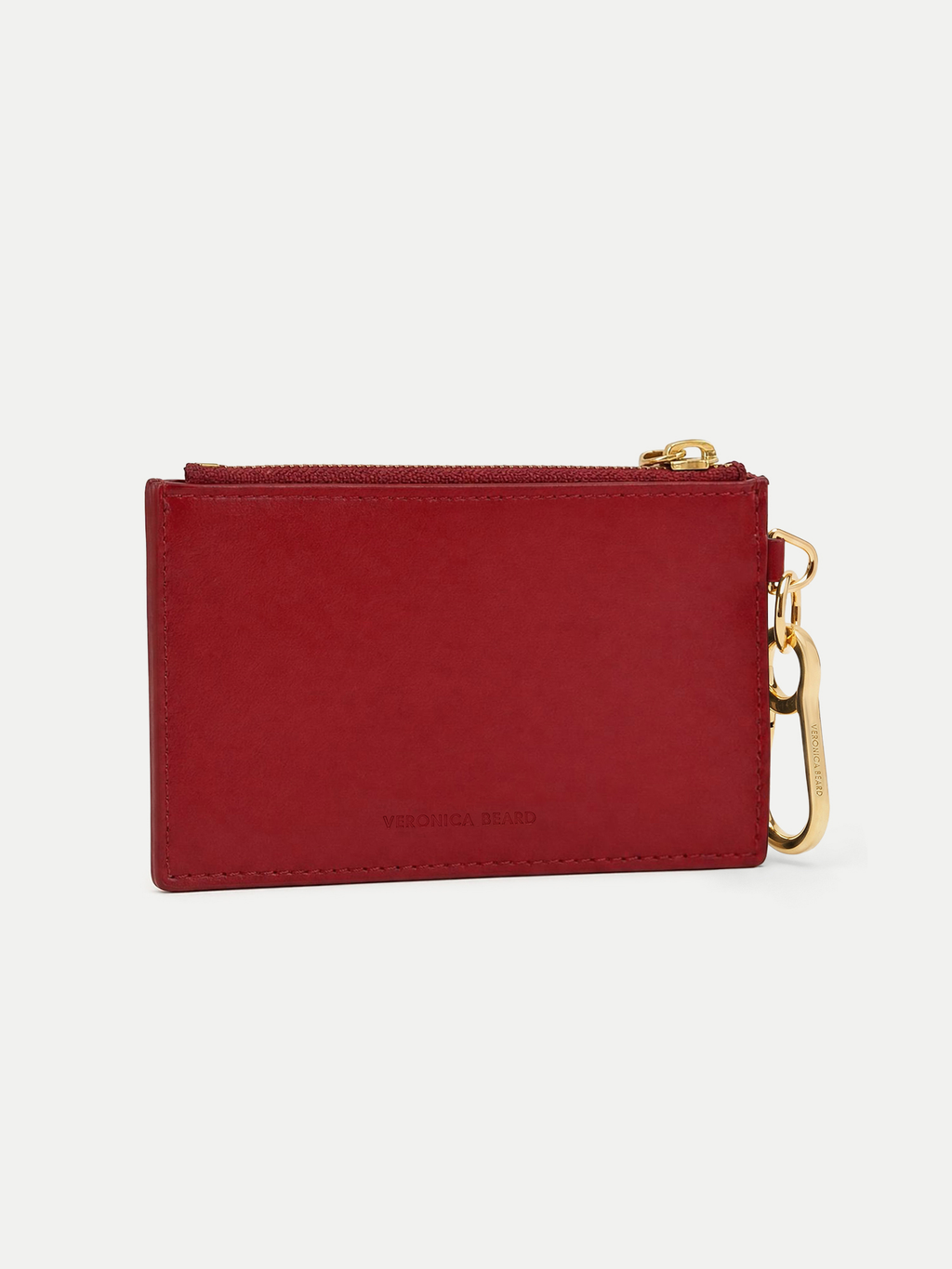 Veronica Beard Red leather card case with gold zipper and keyring.
