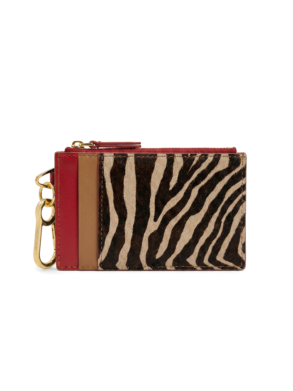 Veronica Beard Zebra print and red leather card holder with gold keyring.