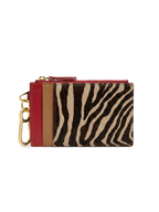 Veronica Beard Zebra print and red leather card holder with gold keyring.