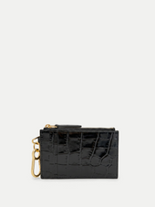 Veronica Beard Black crocodile-embossed leather cardholder with gold hardware.