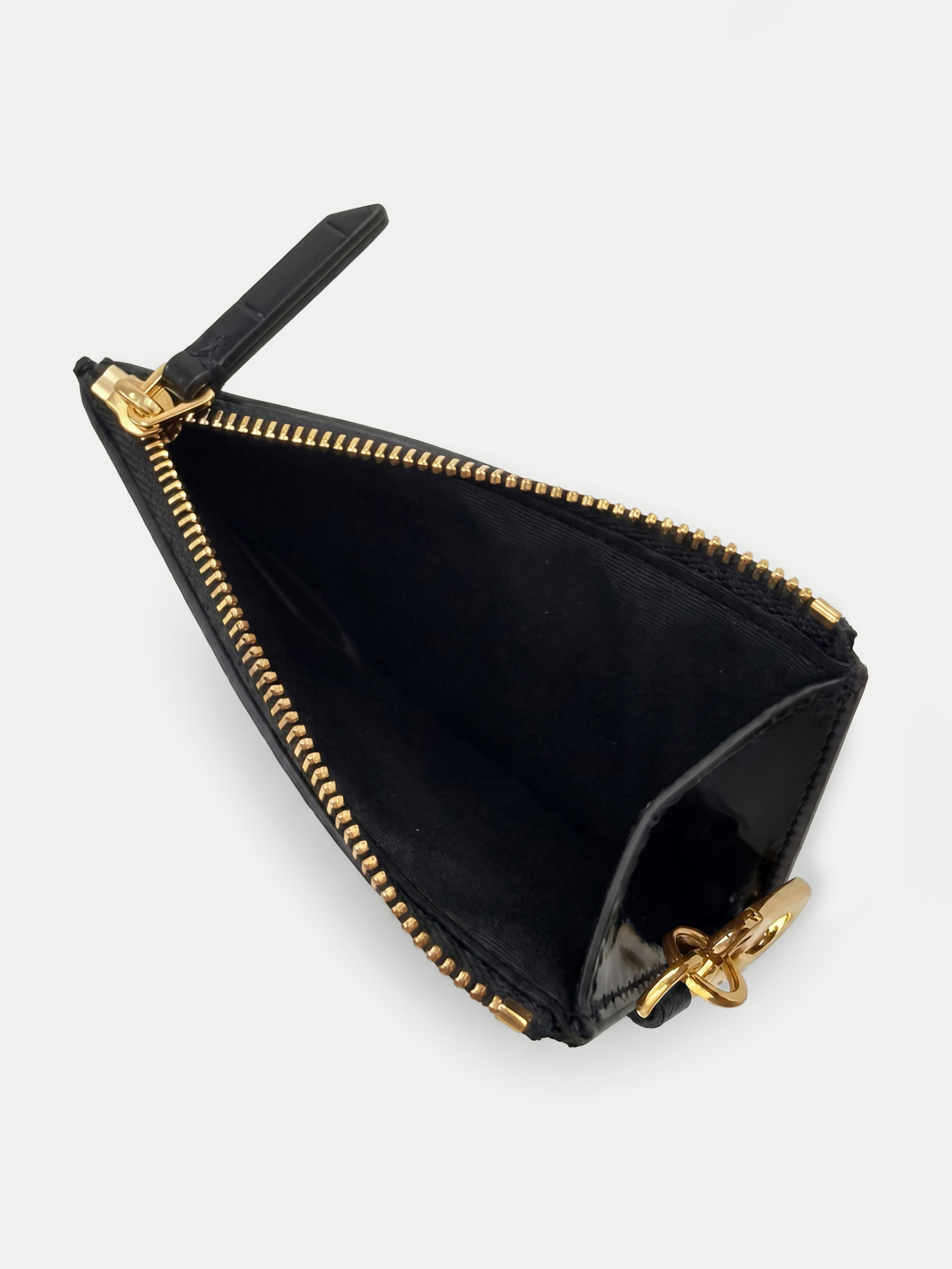 Veronica Beard Black leather coin purse with gold zipper.