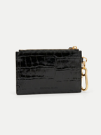 Veronica Beard Black crocodile-embossed leather card case with gold hardware.