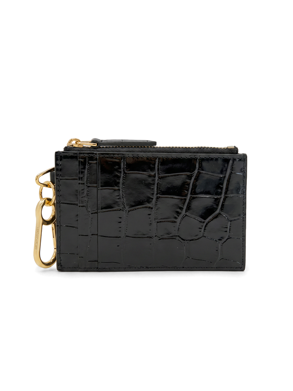 Veronica Beard Black crocodile-embossed leather card holder with gold hardware.