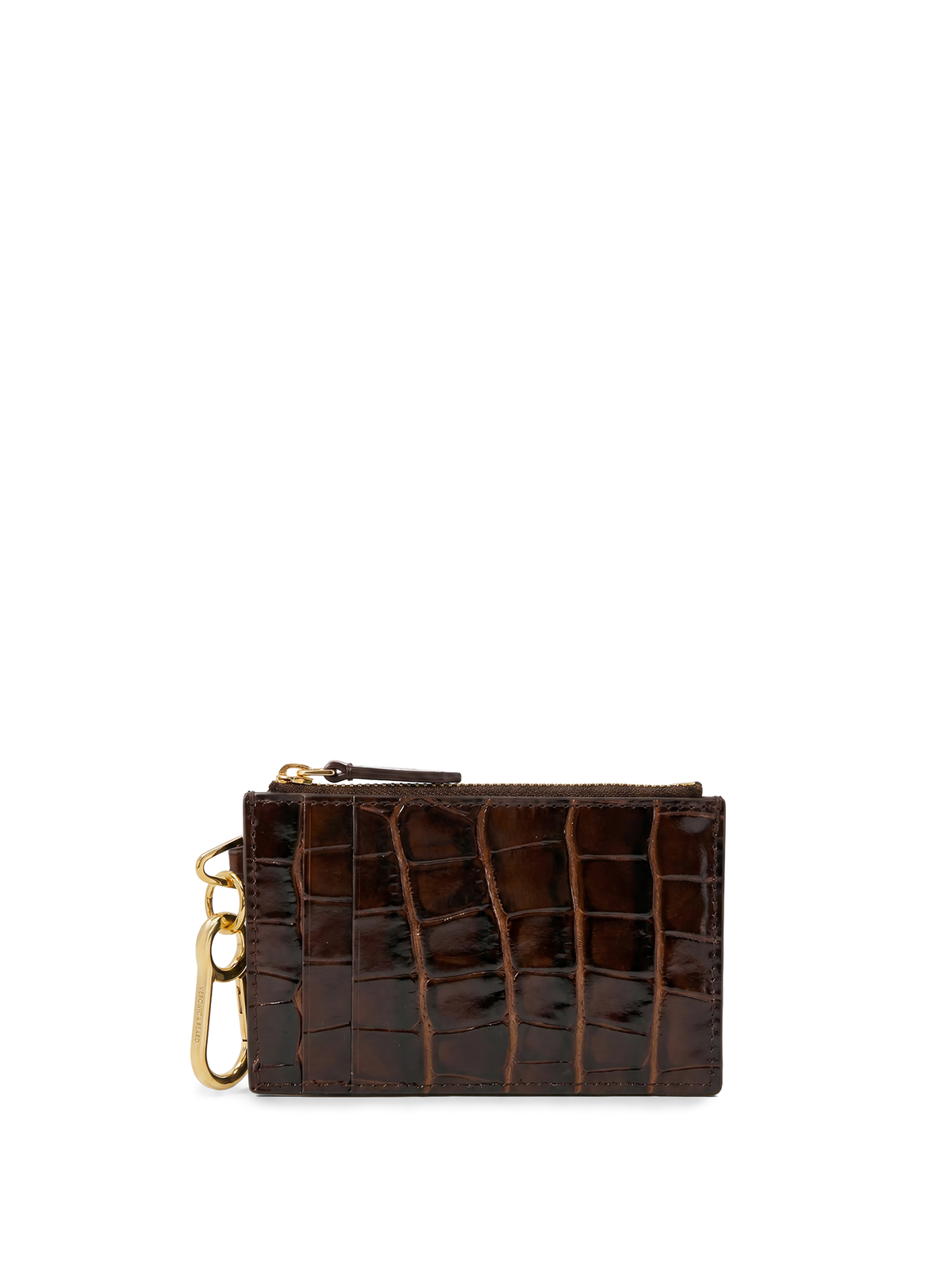 Veronica Beard Brown crocodile-embossed leather cardholder with gold hardware.