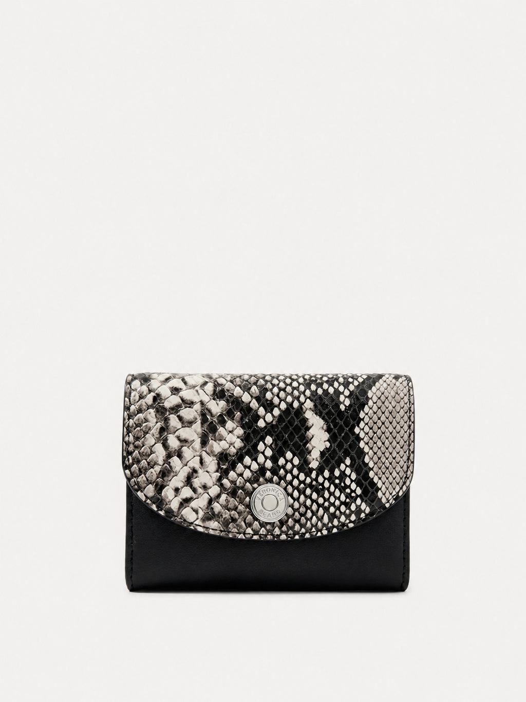 Veronica Beard Black and white snakeskin print wallet with silver snap closure.