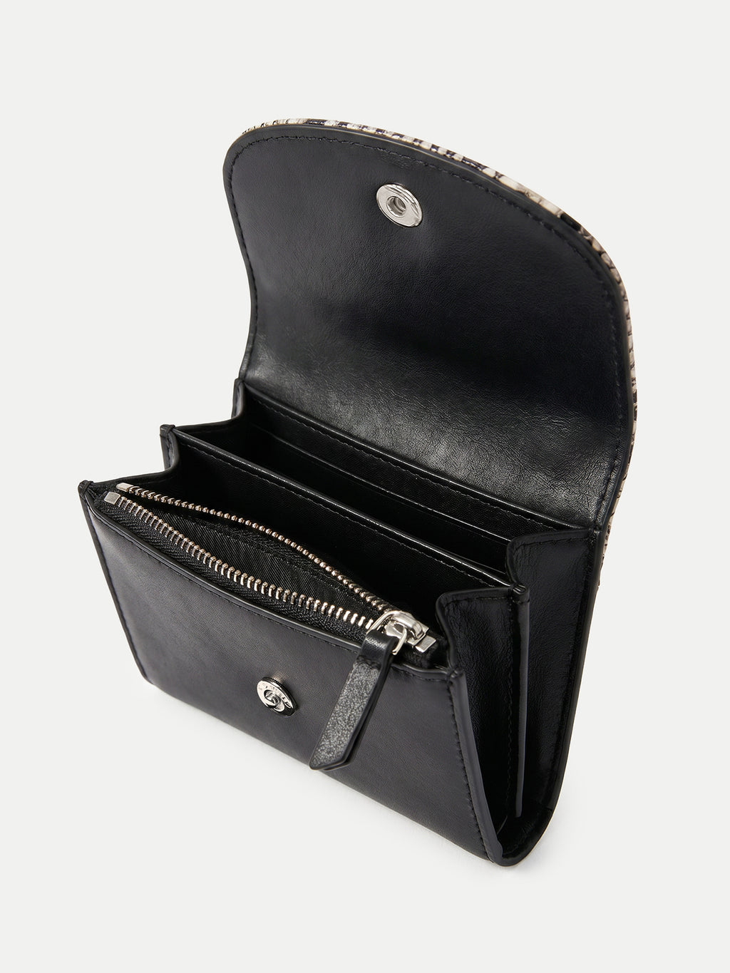 Veronica Beard Black leather wallet with snake print trim, open.