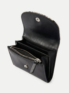 Veronica Beard Black leather wallet with snake print trim, open.