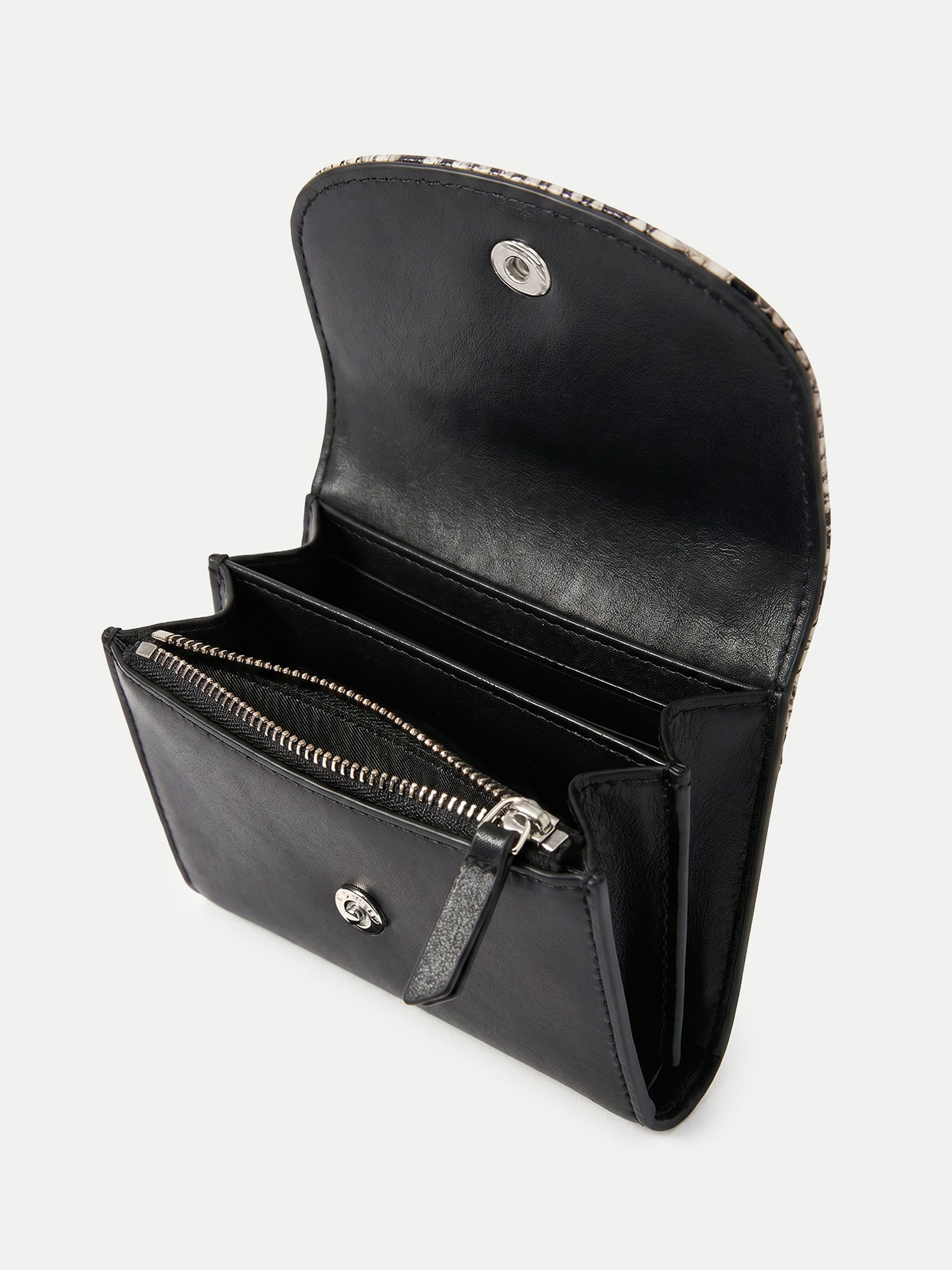 Veronica Beard Black leather wallet with snake print trim, open.
