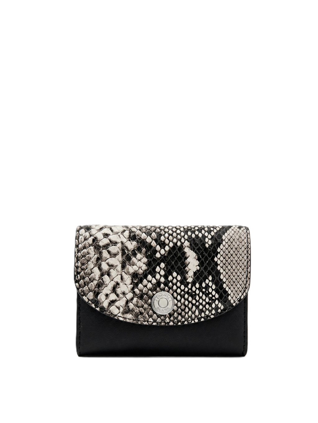 Veronica Beard Black and white snakeskin print wallet with a silver snap closure.