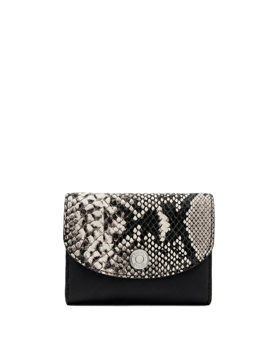 Veronica Beard Black and white snakeskin print wallet with a silver snap closure.