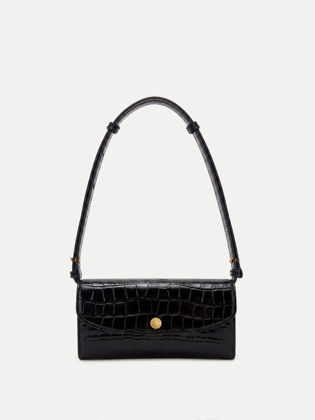 Veronica Beard Black crocodile embossed leather shoulder bag with gold clasp.