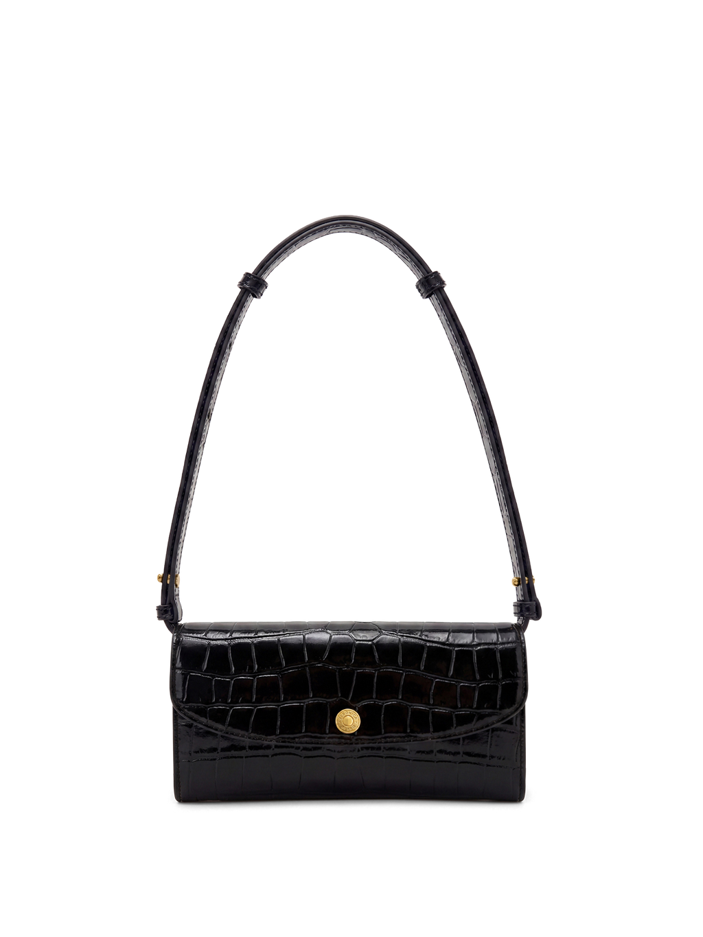 Veronica Beard Black crocodile-embossed leather shoulder bag with gold button closure.