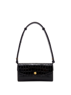Veronica Beard Black crocodile-embossed leather shoulder bag with gold button closure.