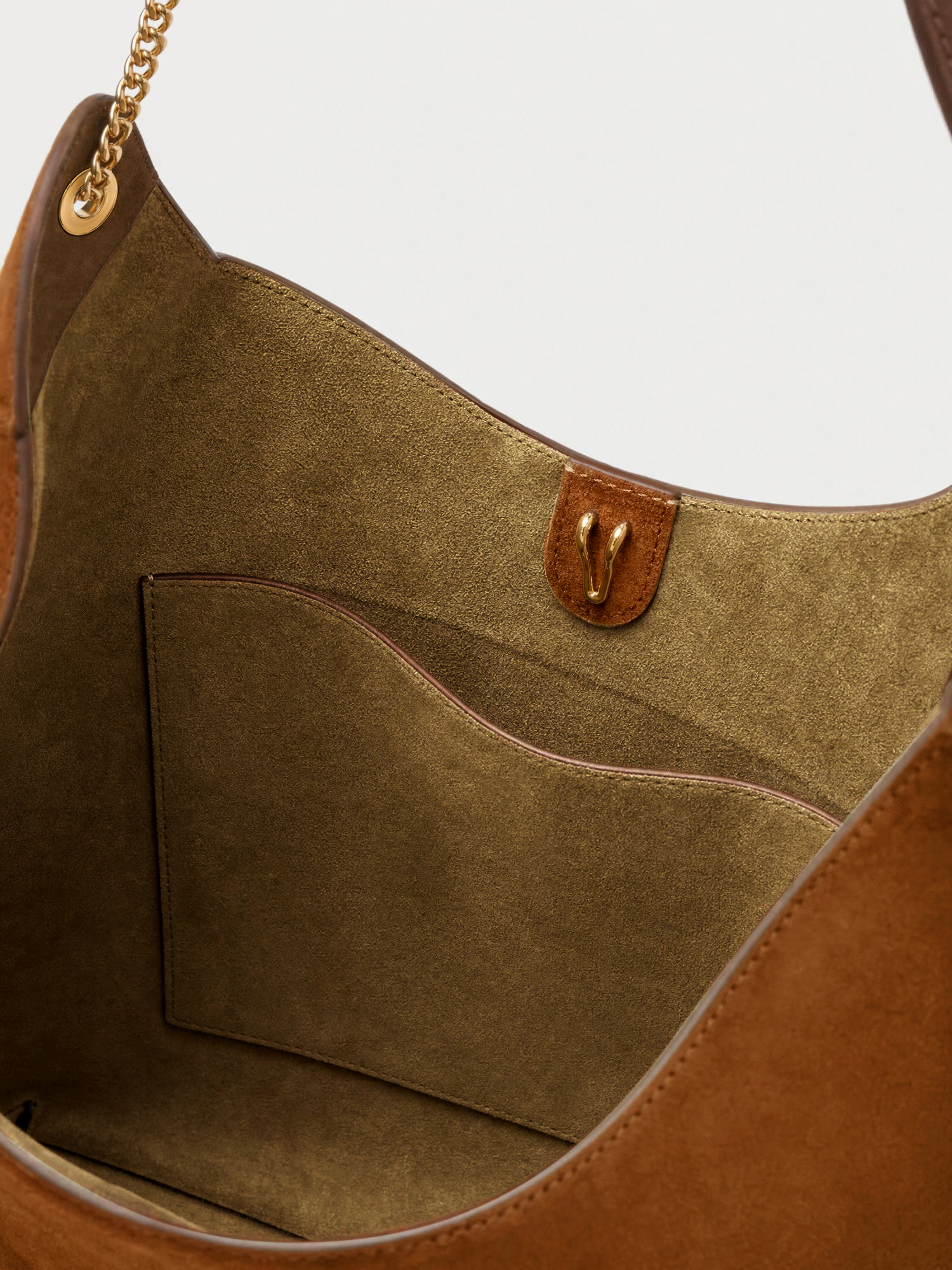 Veronica Beard Brown suede hobo bag with gold chain strap.
