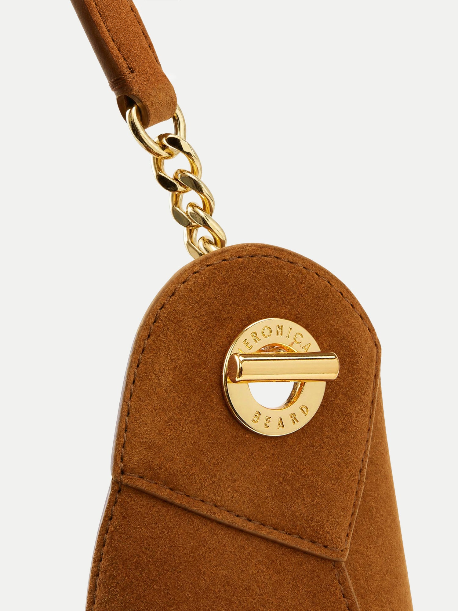 Veronica Beard Brown suede handbag with gold chain and clasp.