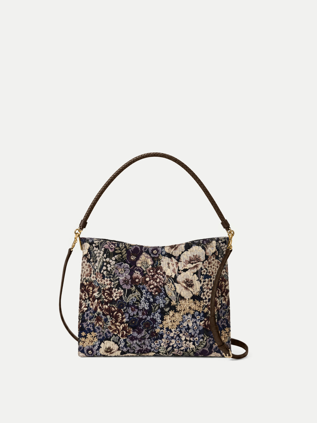 Veronica Beard Floral tapestry hobo bag with brown straps.