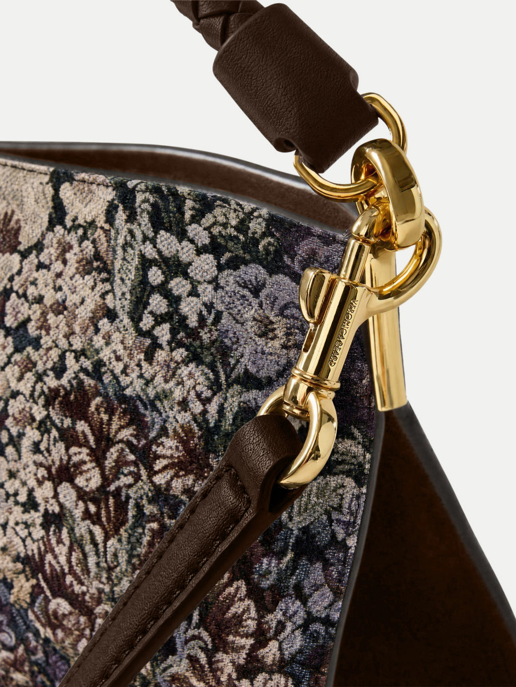 Veronica Beard Brown floral tapestry structured leather handbag detail.