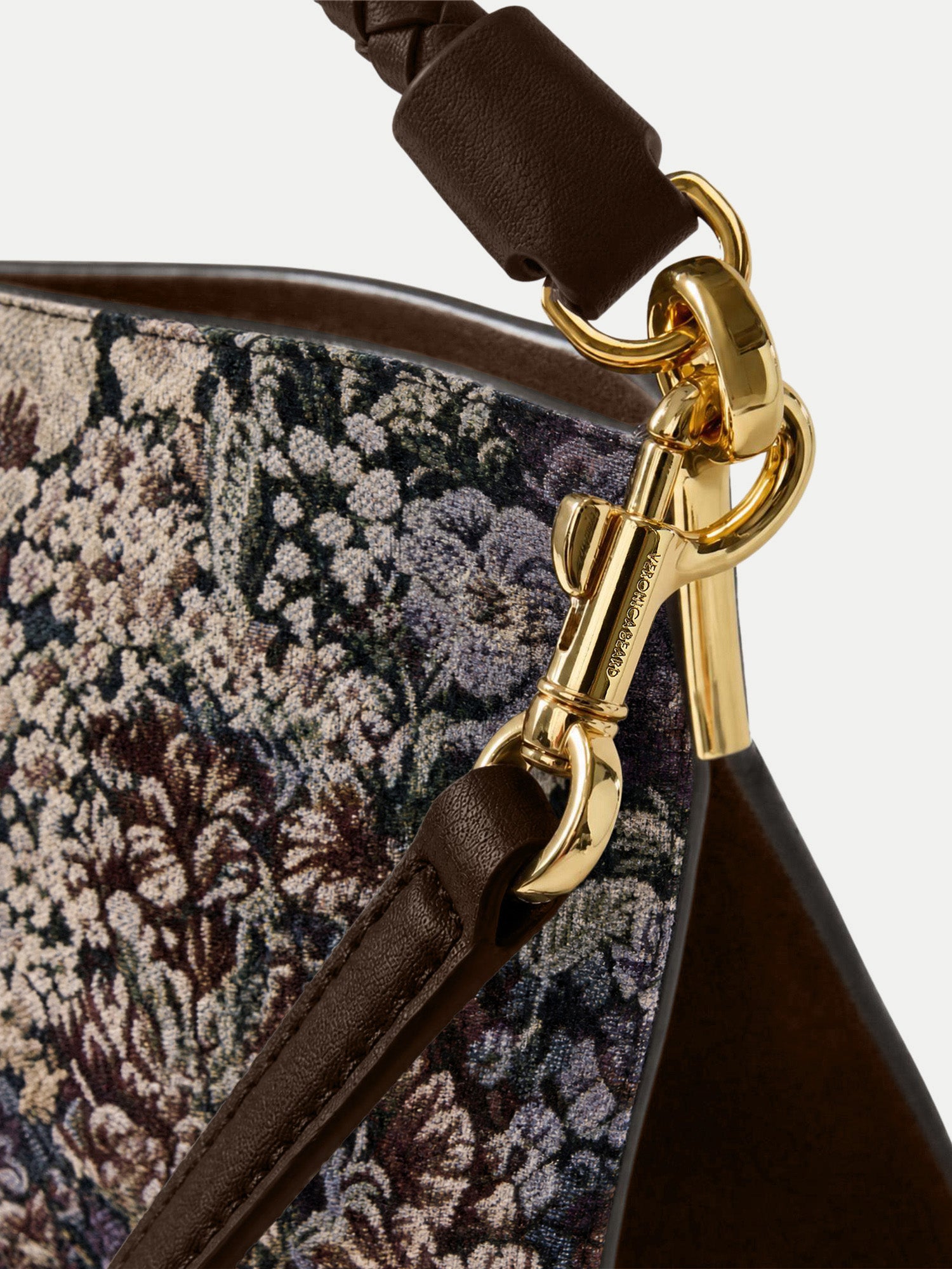 Veronica Beard Brown floral tapestry structured leather handbag detail.