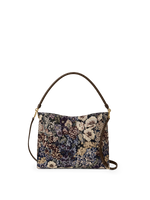 Veronica Beard Floral tapestry fabric shoulder bag with brown strap.