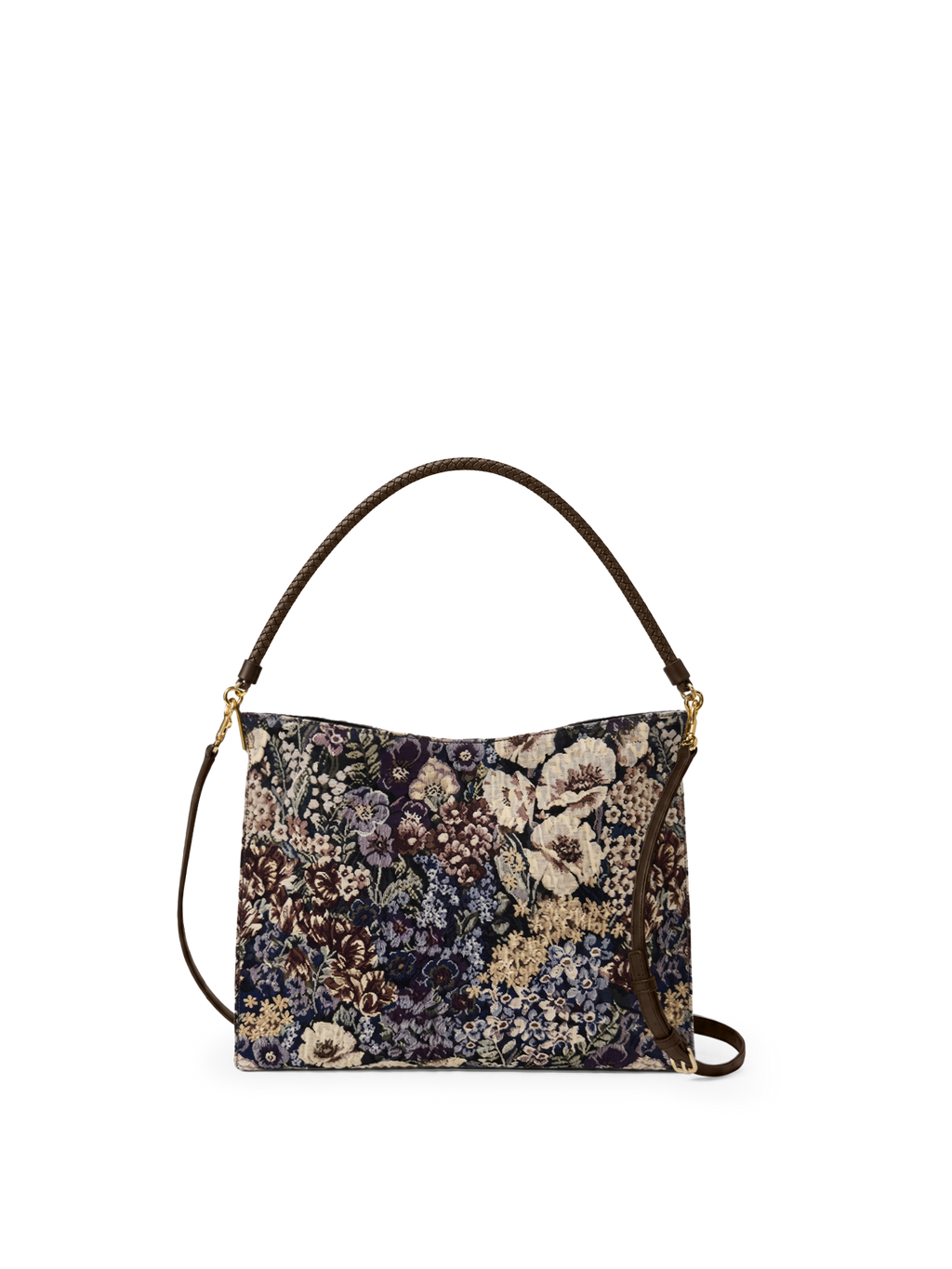 Veronica Beard Floral tapestry fabric shoulder bag with brown strap.