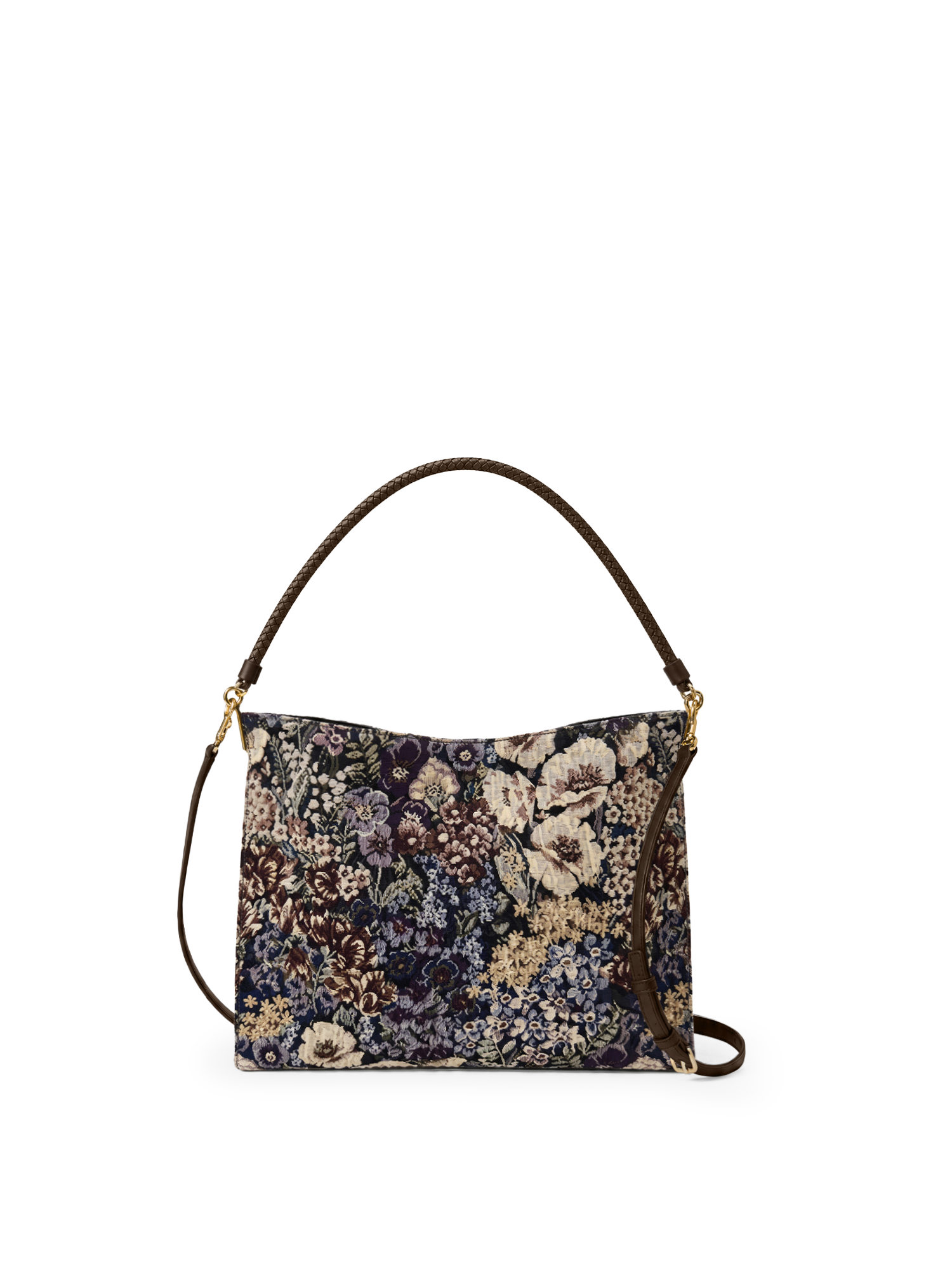Veronica Beard Floral tapestry fabric shoulder bag with brown strap.