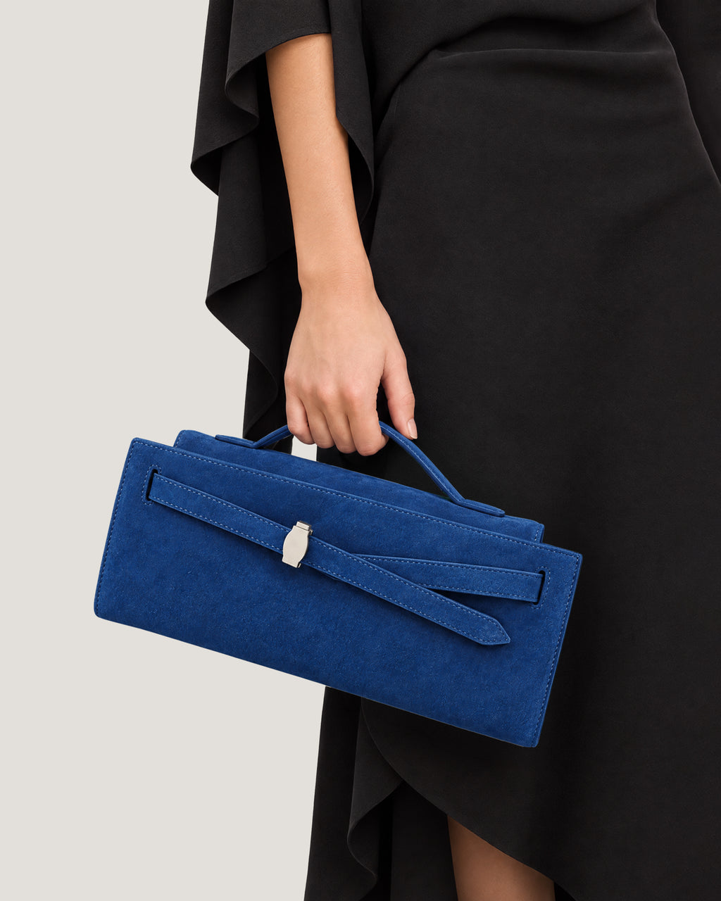Veronica Beard Blue suede structured handbag with silver hardware.