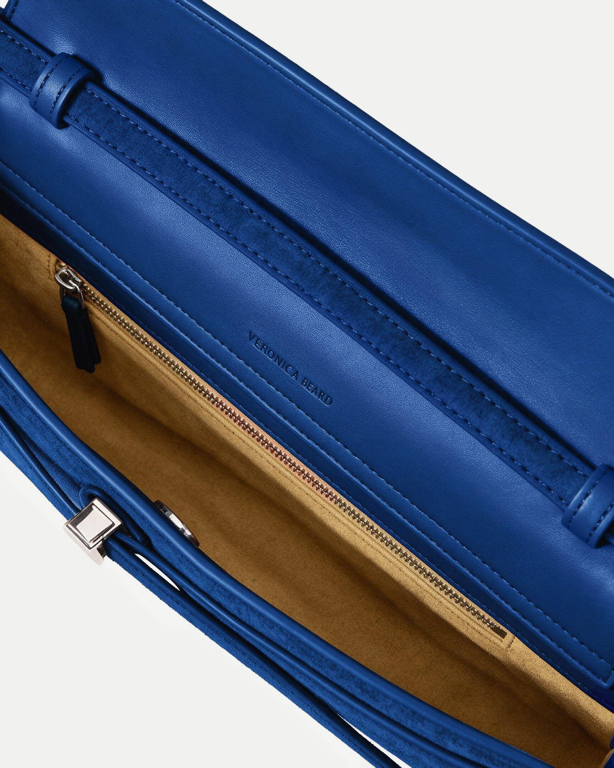 Veronica Beard Blue leather and suede shoulder bag, open interior.