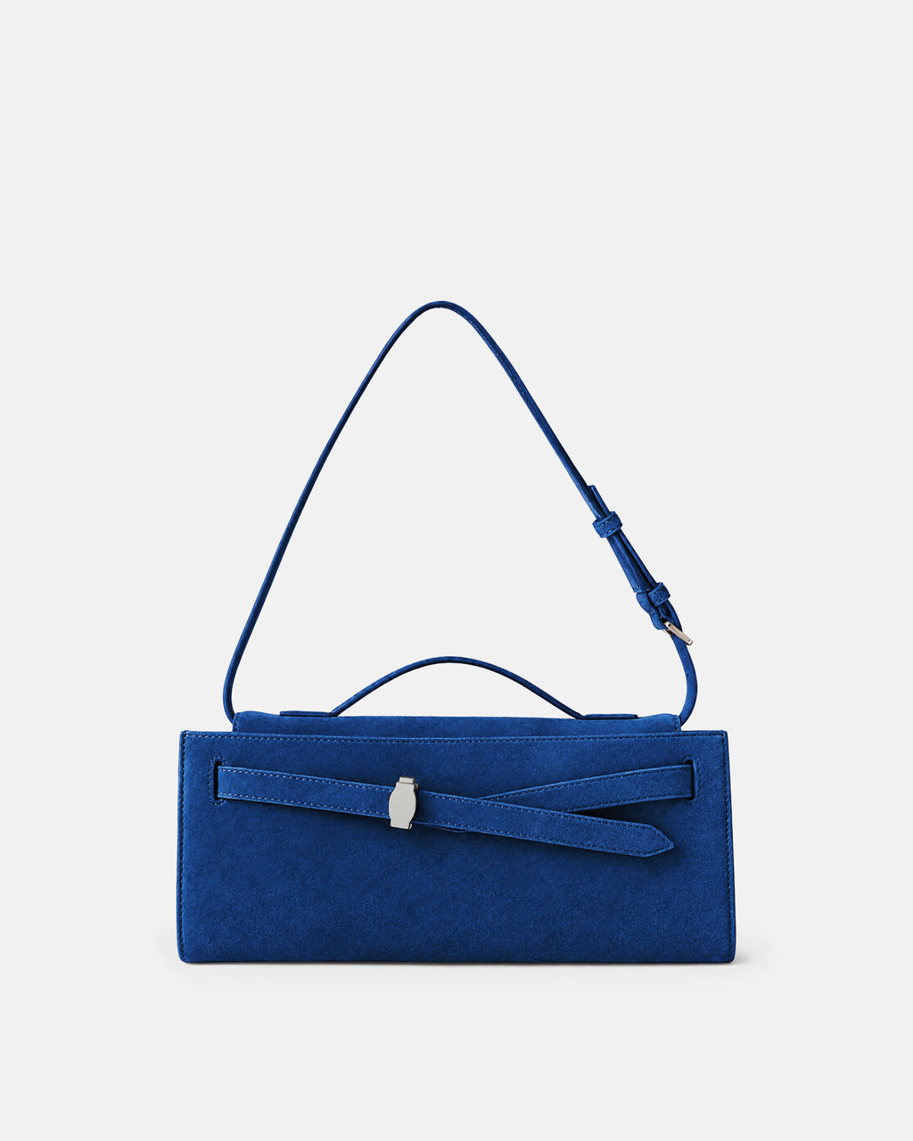 Veronica Beard Blue suede rectangular shoulder bag with silver clasp.